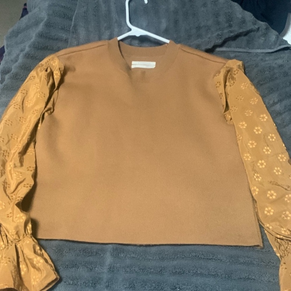 New Anthropologie Puff Sleeve Knit Floral Daisy Brown Tan Caramel Sweater Top S - Picture 5 of 7